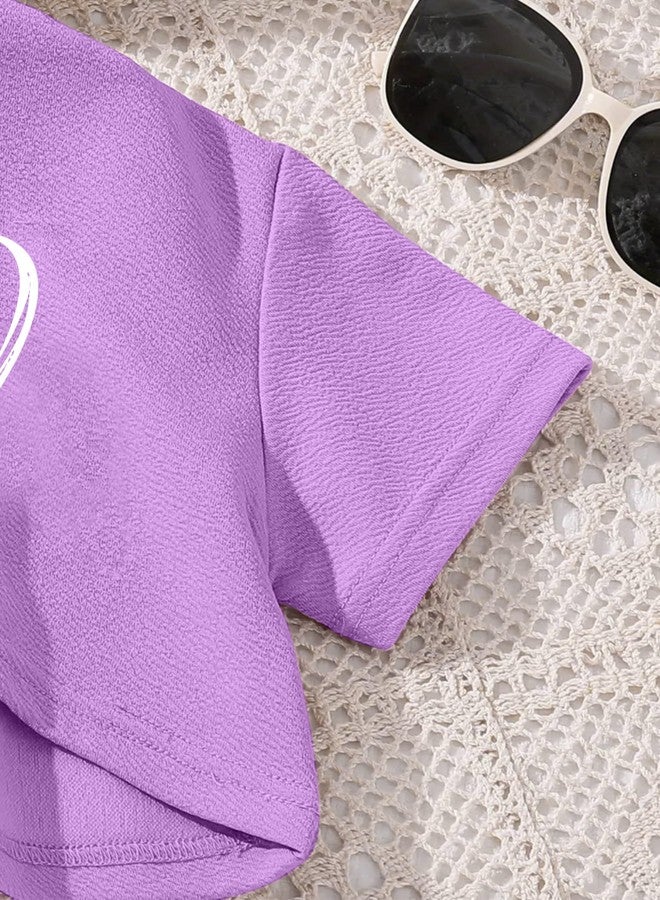 Hilinker Girls 3 Piece Summer Outfits Cute Graphic Crop Tee and Cami Top with Shorts Set Purple Heart 13-14 Year - Image 4